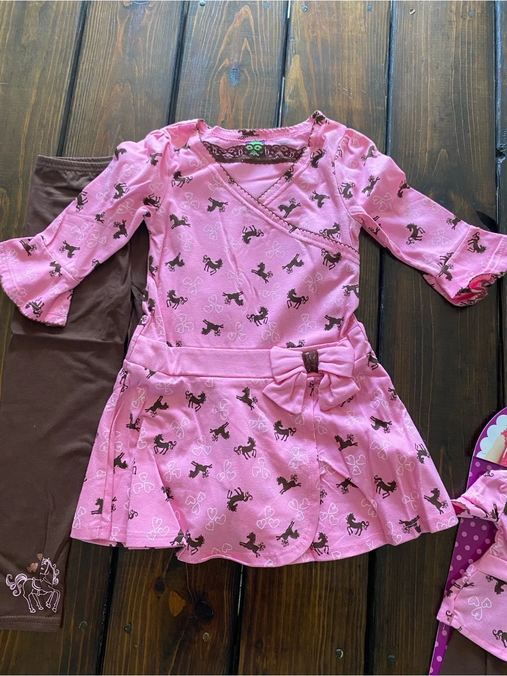 Dollie & Me Horse Print Top w/Brown Leggings. With Matching Doll Outfit. Size 6